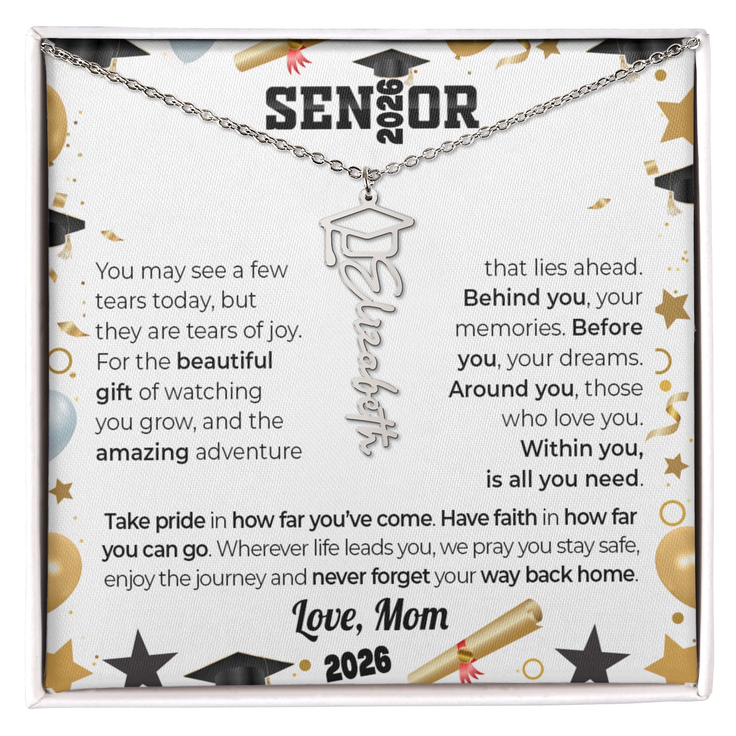 GRADUATION CAP NAME NECKLACE w/ LOVE FROM MOM