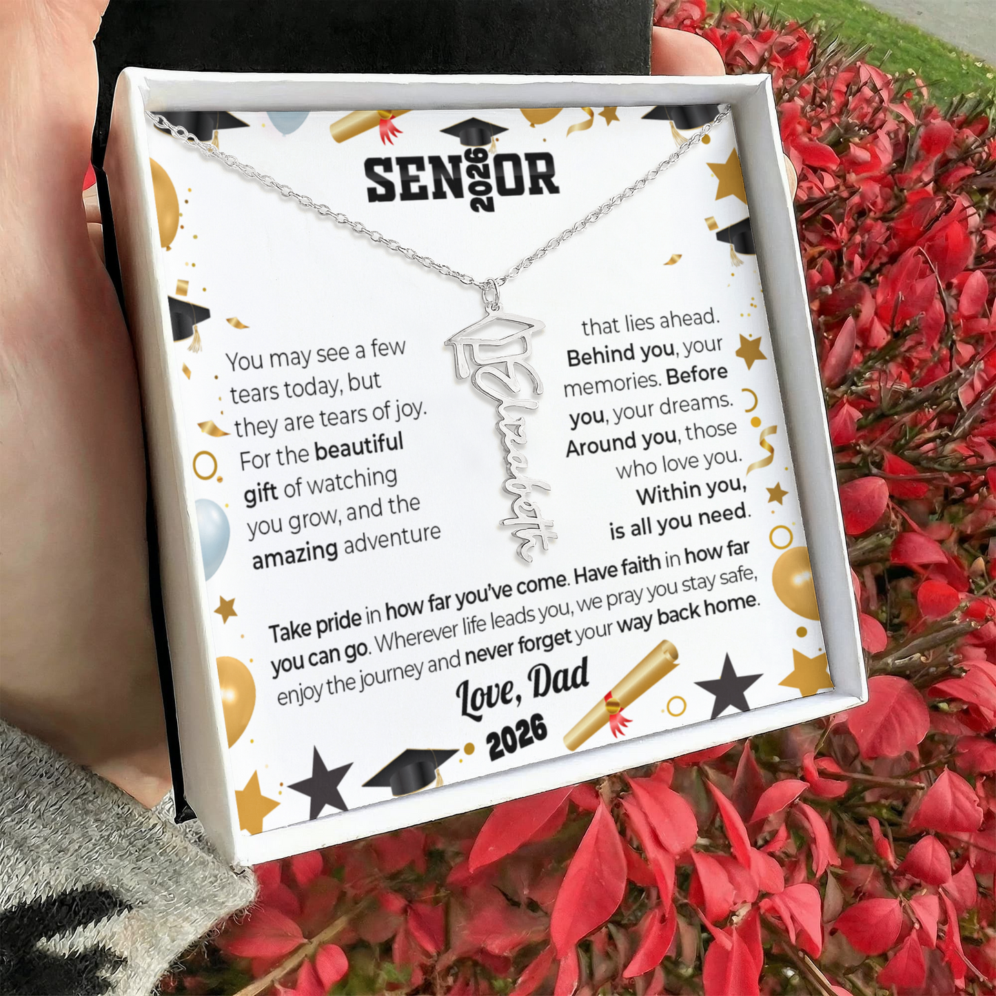 GRADUATION CAP NAME NECKLACE w/ LOVE FROM DAD