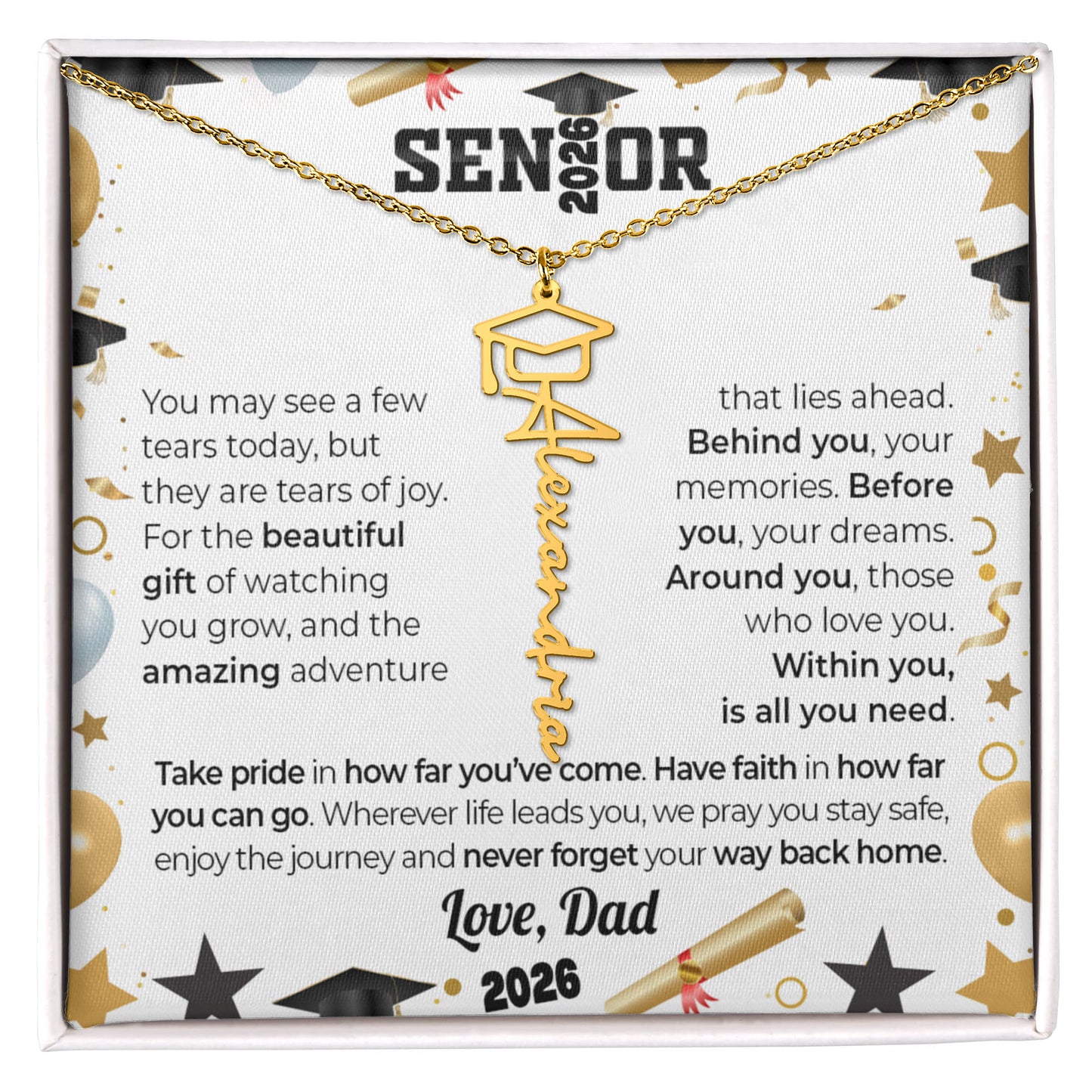 GRADUATION CAP NAME NECKLACE w/ LOVE FROM DAD