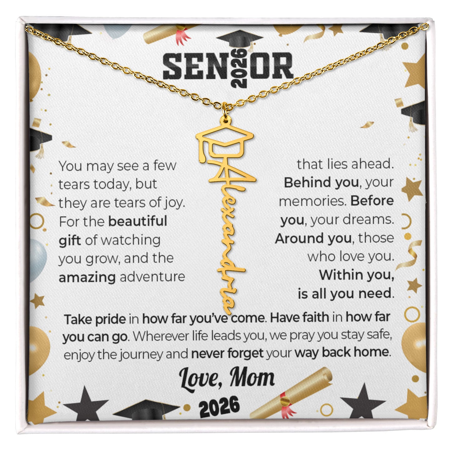 GRADUATION CAP NAME NECKLACE w/ LOVE FROM MOM