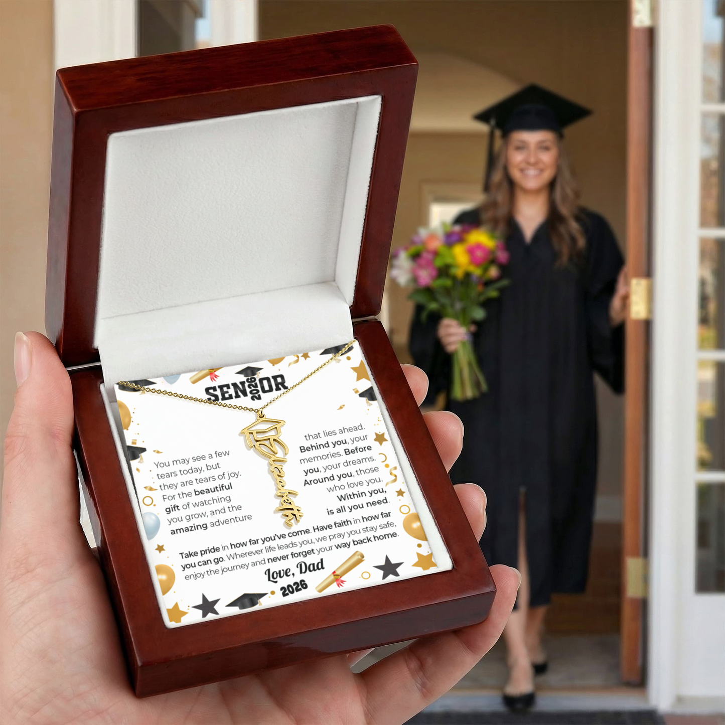 GRADUATION CAP NAME NECKLACE w/ LOVE FROM DAD